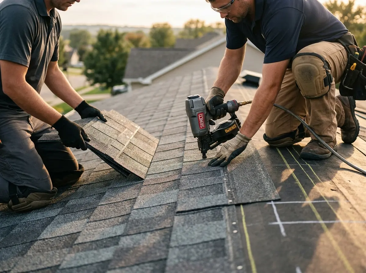 Professional roofer working on a residential roof in San Mateo